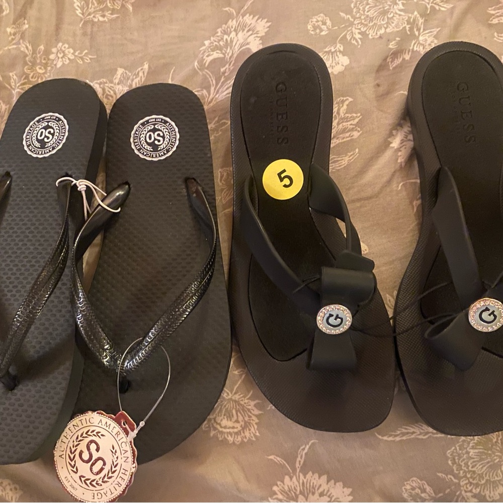 Two pairs of black sandals in size 5. Guess and SO.